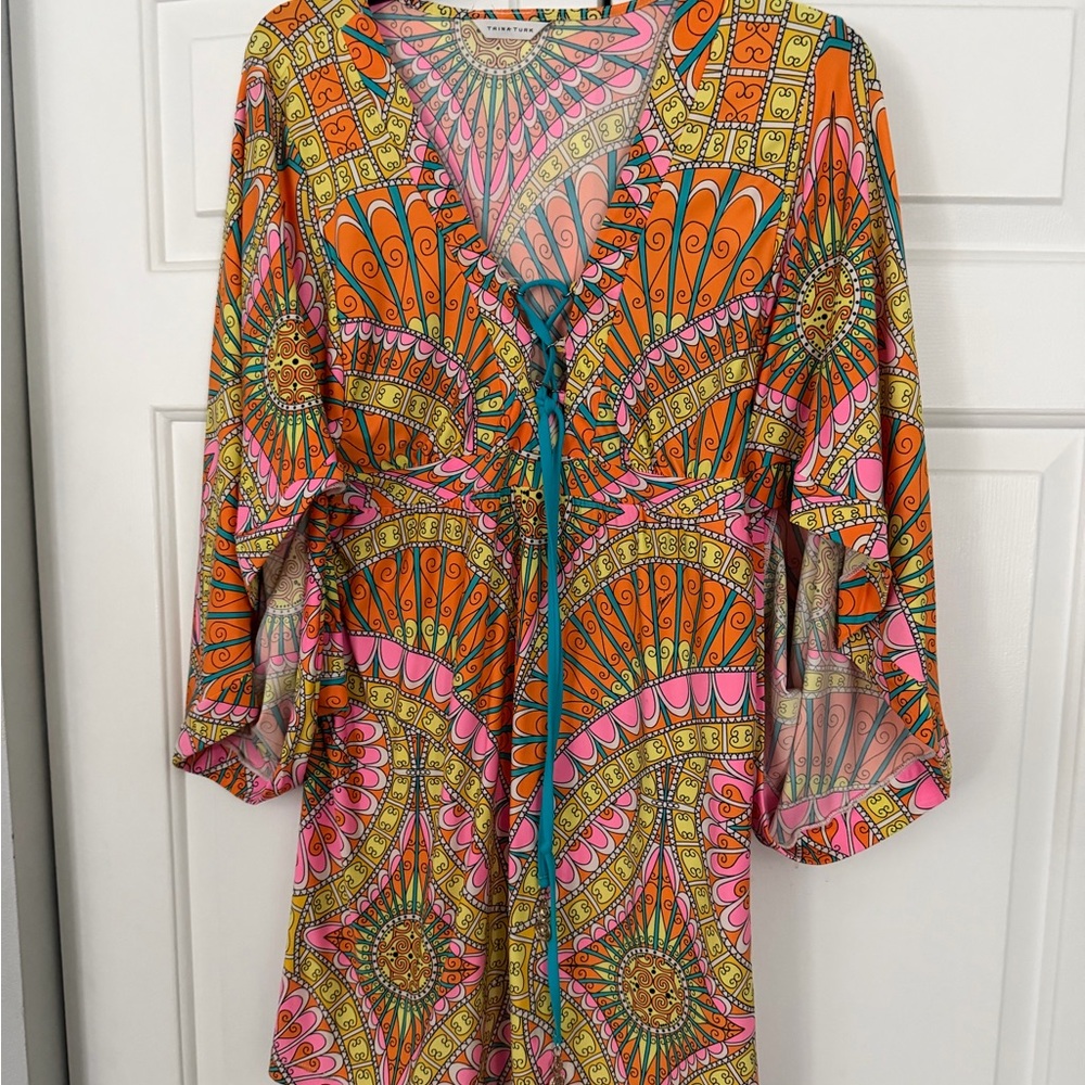 Trina Turk Vibrant Retro Print Tunic Dress/coverup Orange & Pink med